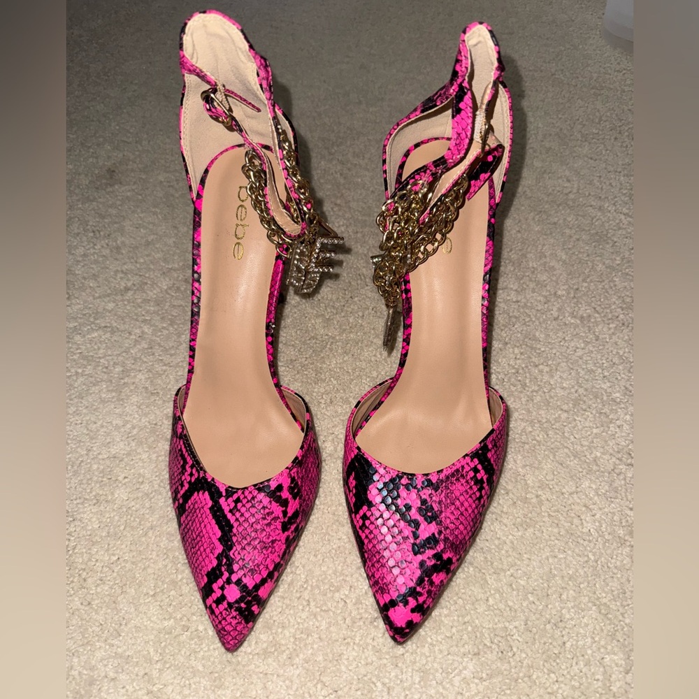 bebe Hot Pink Snake Print Pointed Toe Heels with Gold Chain